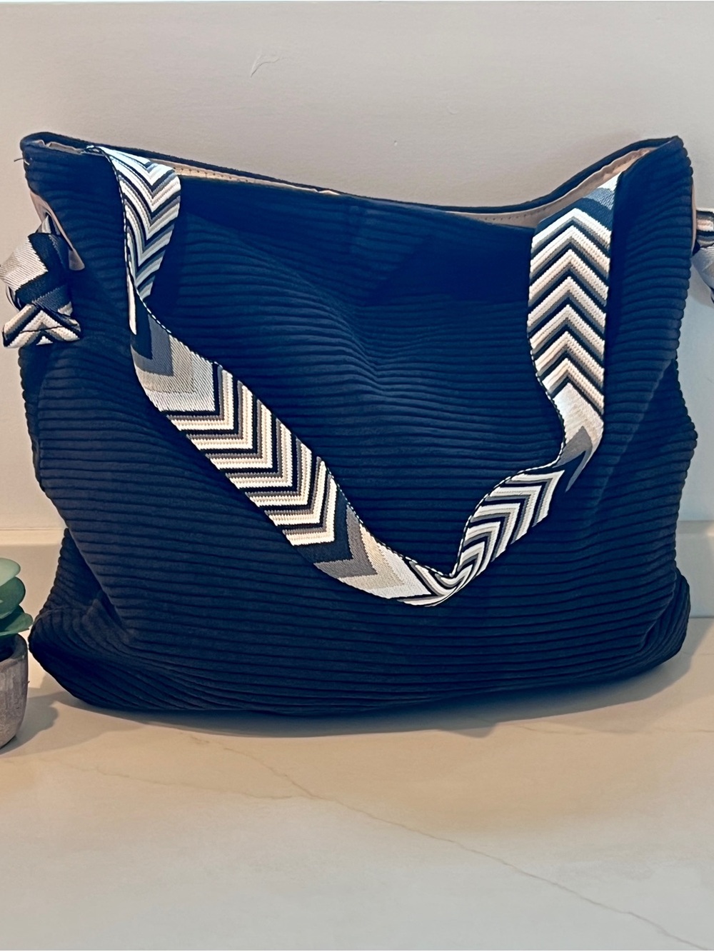 Corduroy Super Soft Black Everyday Tote with Chevron Strap